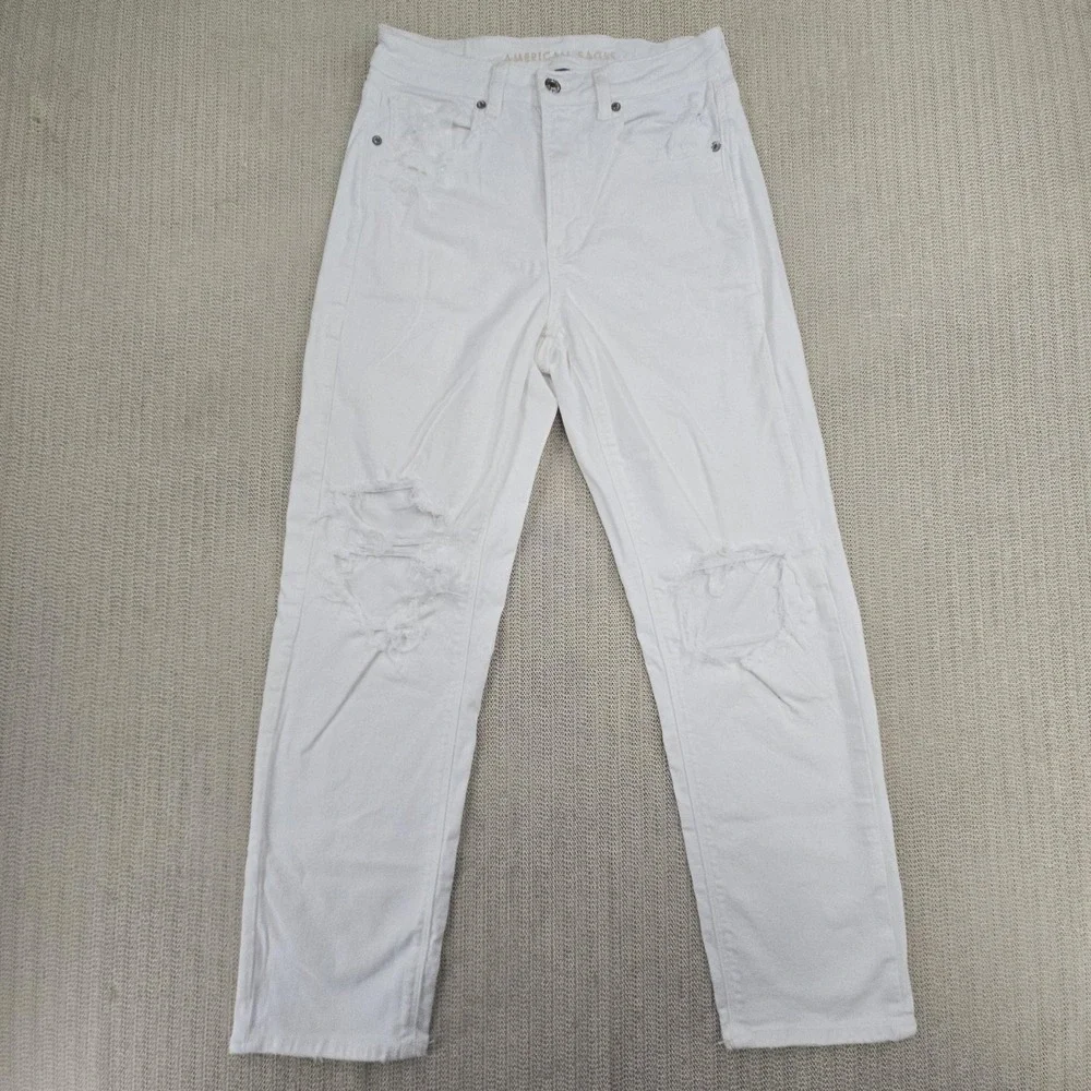 American Eagle Jeans‎ Womens 6 White Mom Straight Stretch Distressed Denim Pants
